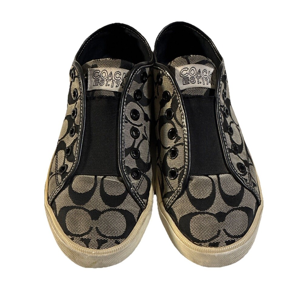 Vintage Coach Shoes C Logo Sneakers Black Gray Jacquard Low Top Slip On Loafer 9